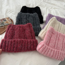 两只耳朵纯色针织帽女新款羊毛混纺针织抽条羊角帽男百搭潮学生