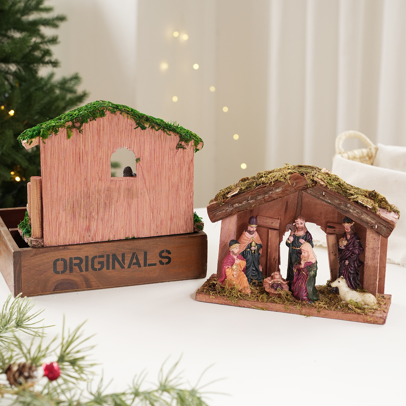 Navidad de madera transfronteriza Navidad decoración escenas de nacimiento de madera cabana personajes componentes muebles de escritorio decoración de vacaciones