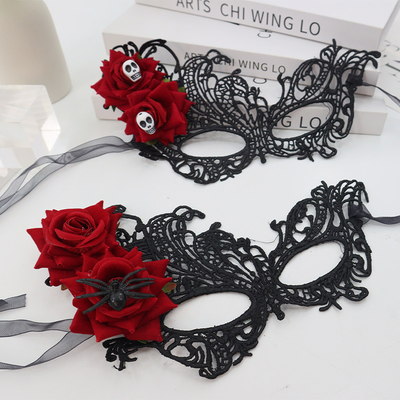 Nuevo estilo transfronterizo Halloween máscara de encaje de alta gama dos rosas decoración máscara de media cara accesorios de fiesta de disfraces