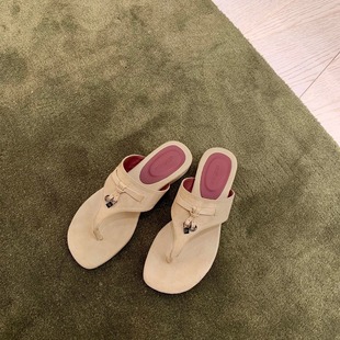 [in stock] Genuine Leather Grape Mom Same Style French Elegant Flip-on Fringe Flip-on Low Heel Sandals Women's Half Slippers