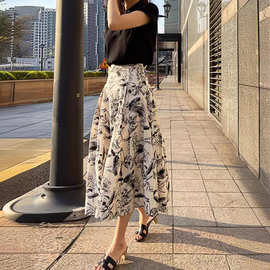 水墨画气质职业大摆裙子女2025夏季中长款伞裙高腰显瘦半身裙