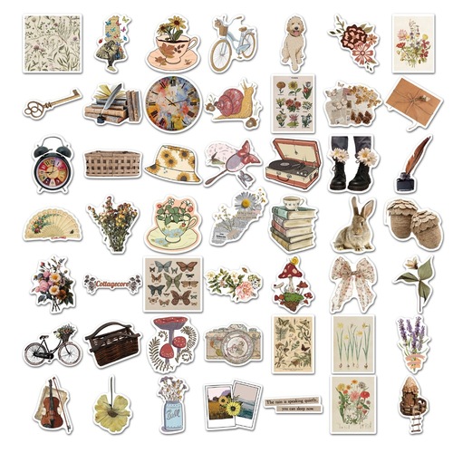 50 sheets/5 types of retro stickers cross-border literary and artistic patterns waterproof graffiti suitcase notebook account stickers wholesale