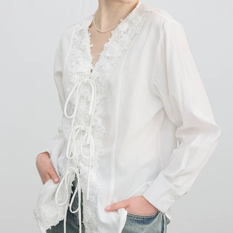 French V Neck Lace Embroidered Jacquard Shirt for Women, Long-Sleeved Early Spring New Design, Elegant Casual Top