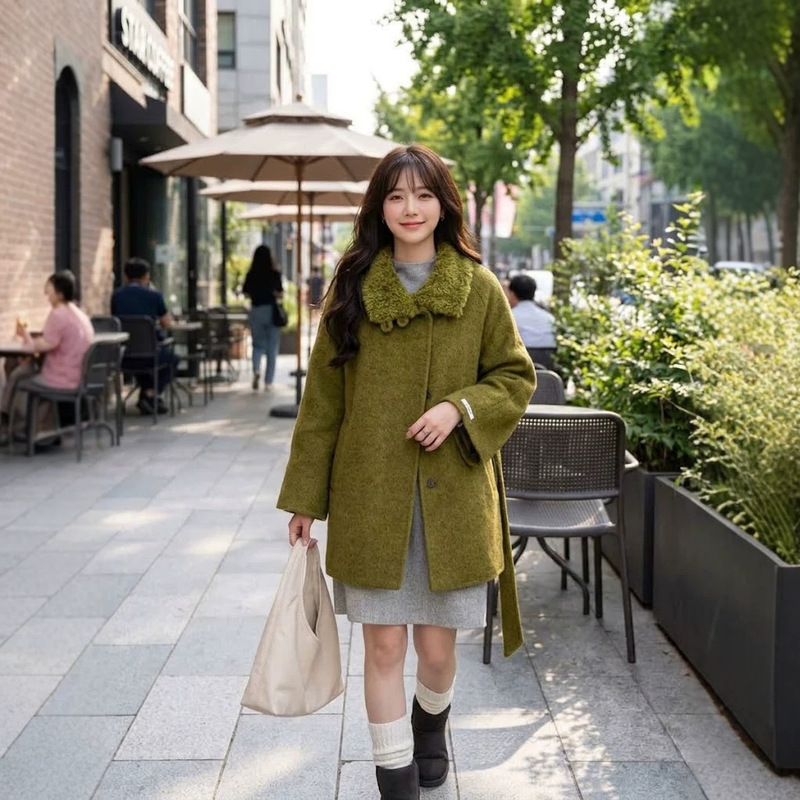 [Same as in-store] Preppy-style, stand-up collar, double-faced wool coat, women's mid-length, loose-fitting outerwear with horn buttons