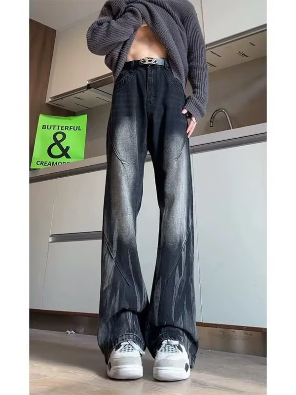 高街扎染渐变牛仔裤男款春秋季美式复古百搭vibe水洗直筒微喇裤子|undefined