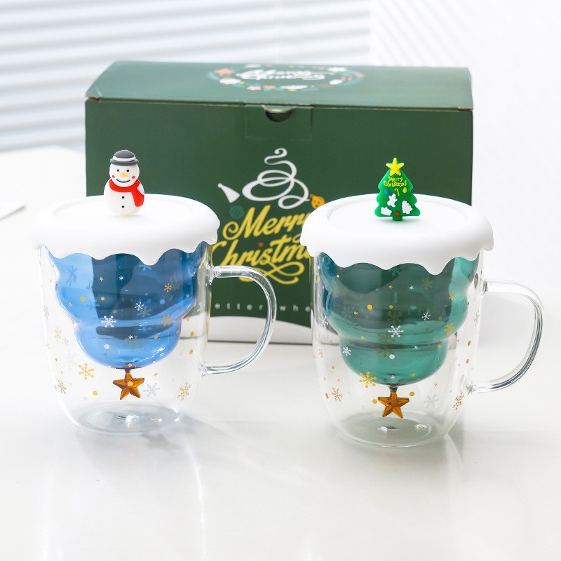 Taza de Navidad en línea, taza de deseos de Navidad, taza de regalo de dibujos animados, taza de agua casera, taza de vidrio doble