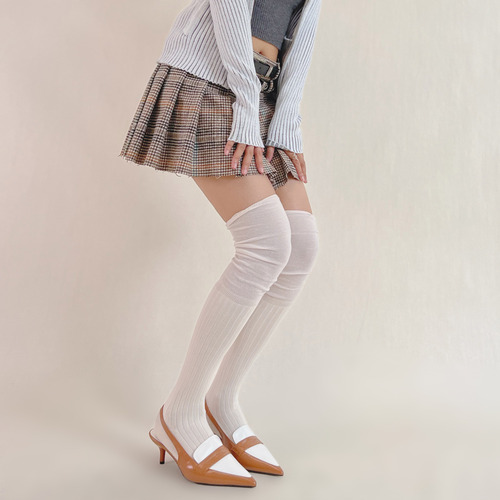 Autumn and winter new style gentle style solid color cotton soft pile socks vertical pattern splicing lazy over-the-knee high socks stockings women's socks