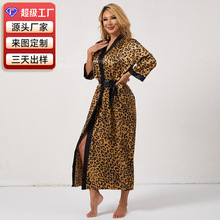 性感女款睡袍豹纹印花图案家居服性感宽松舒适睡衣系带款式家居服