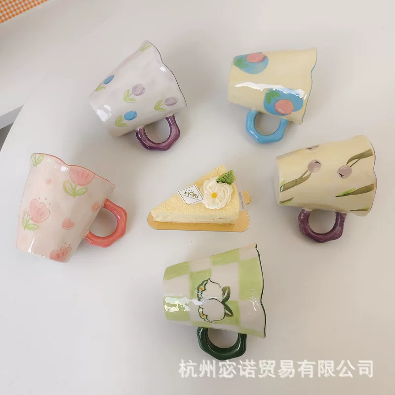 INS high face value, cute flower flower hand pinch ceramic cup Mark cup niche design feeling milk coffee cup water cup