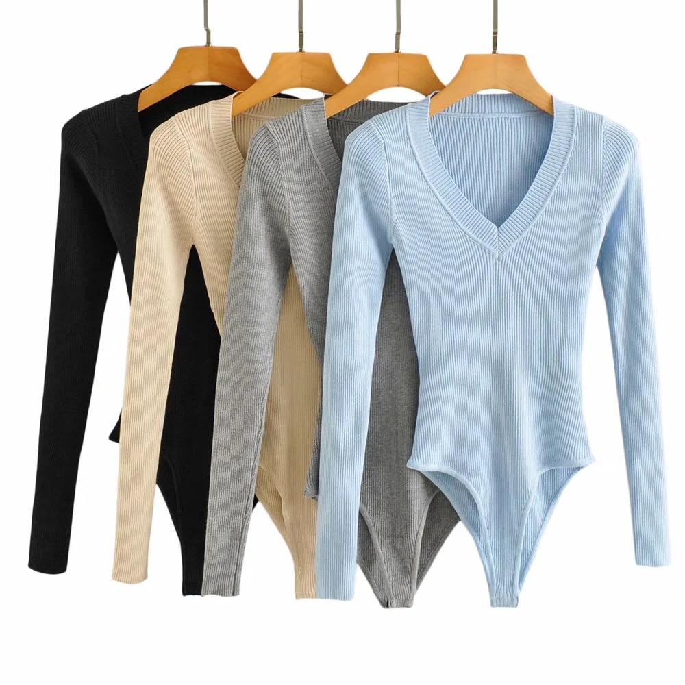 Cuello en V hilo de punto mono de costura apretado sin mangas de Navidad de manga larga de punto Delgado mono de una pieza Primavera