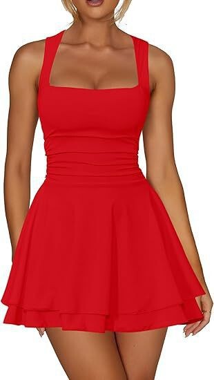 2025 ヨーロッパとアメリカの貿易クロスボーダー婦人服アマゾン人気のスクエアネックウエストプリーツ裾ミニショートドレス|undefined