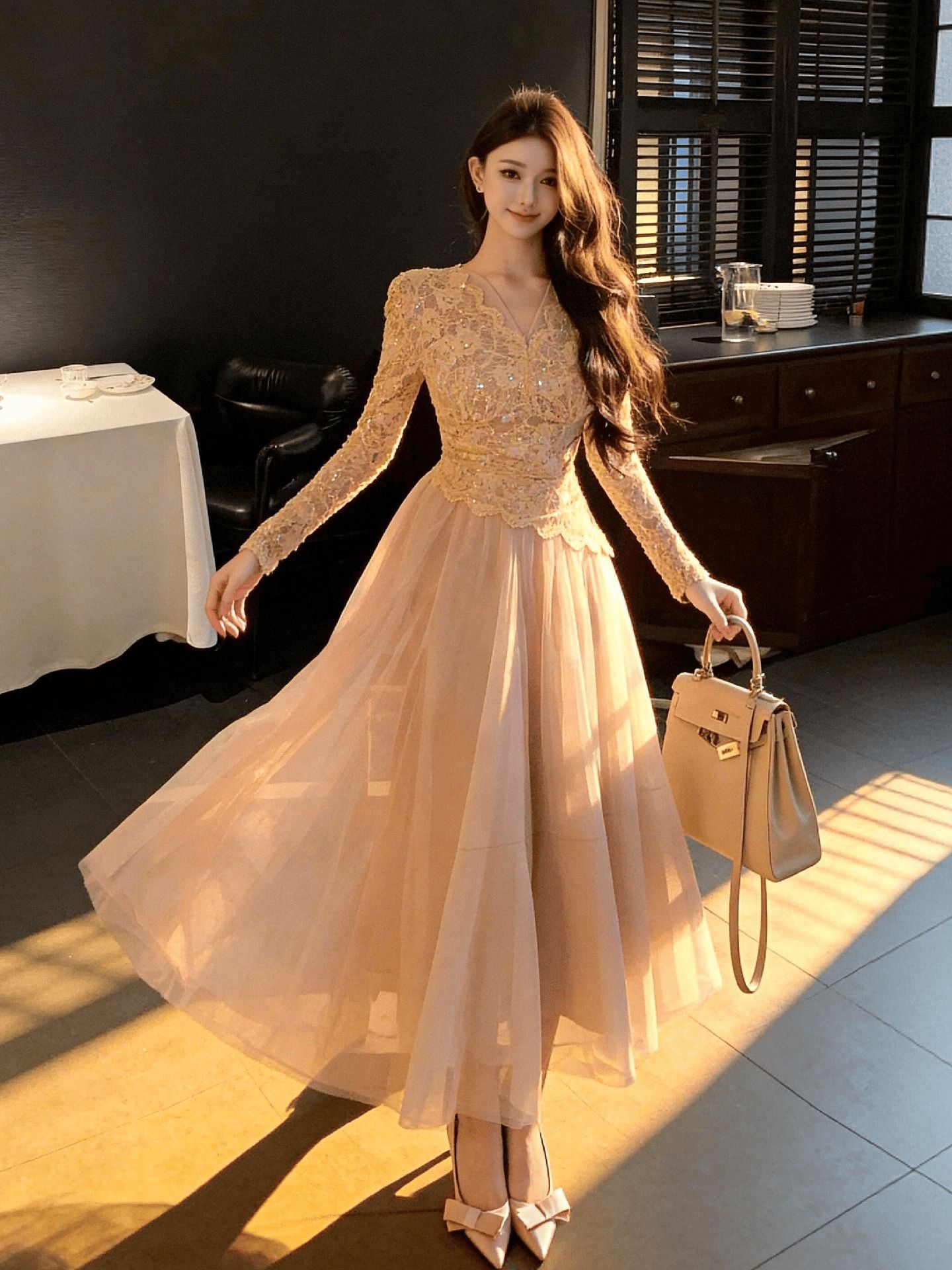 Đầm maxi nữ cổ V ren thắt eo xòe lưới phong cách Pháp — màu hồng