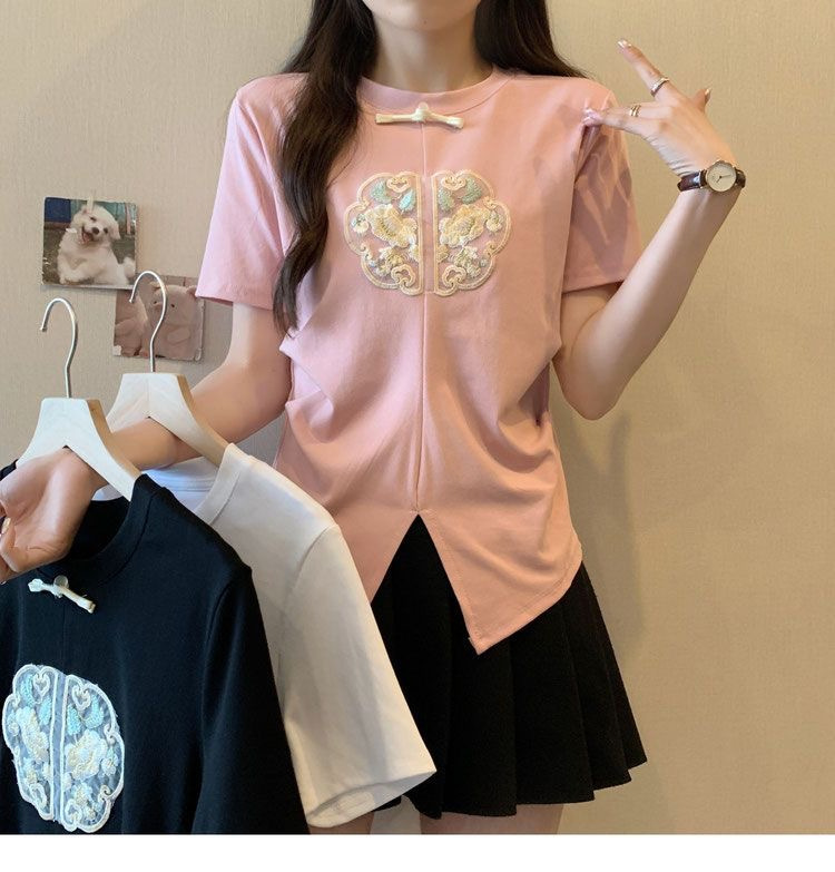 2024 Summer Embroidered Split Short Sleeve Design T-shirt New Chinese style High end Bottom Top_voghion.com