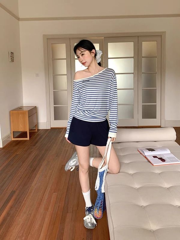 2025夏秋季新款设计感薄款长袖T恤女拼色条纹上衣慵懒风|undefined