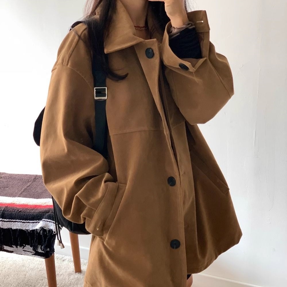 麂皮绒风衣外套女秋冬穿搭时尚复古翻领感法式美拉德宽松大衣