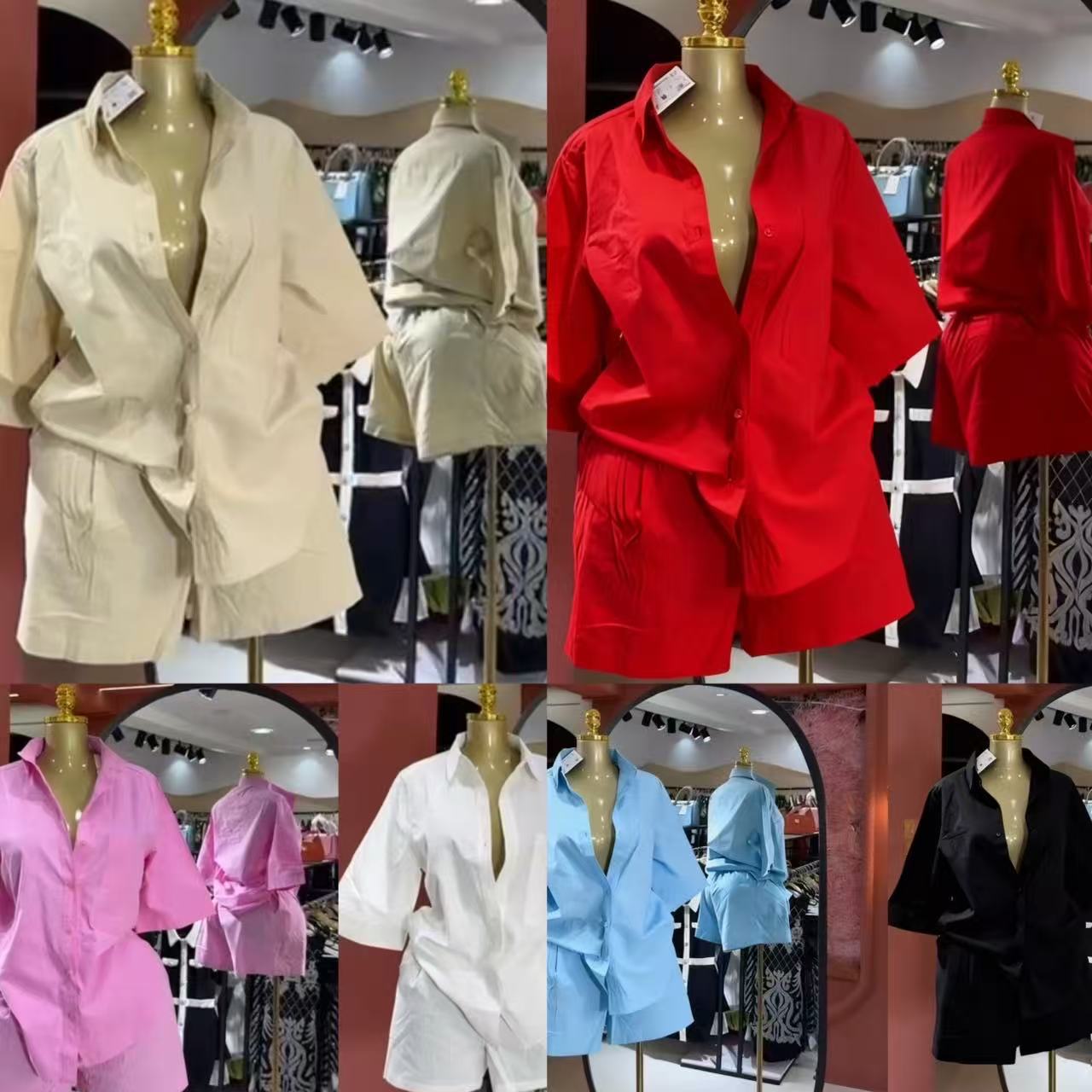 Women's Multi Color Collared Loose Fitting Shirt And Shorts Set Casual Solid Color Everyday Commuter Fashion_ecoleips.com