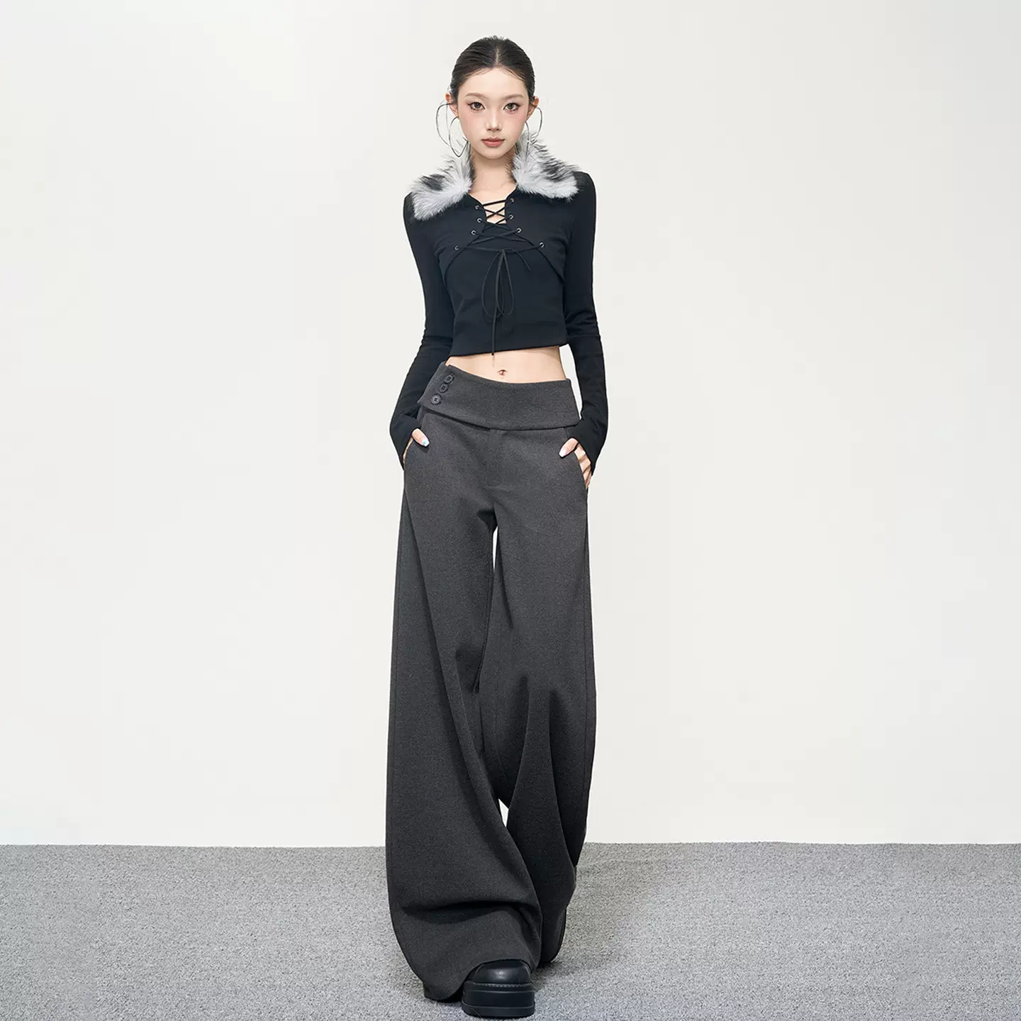 美式休闲垂感百搭显瘦西裤拖地宽松秋冬新款侧腰纽扣显腰线通勤薄