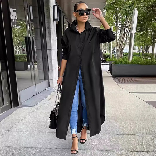 Plus-size women's fashion casual solid-color tunic for autumn/winter—loose fit, long sleeves, extra-large size