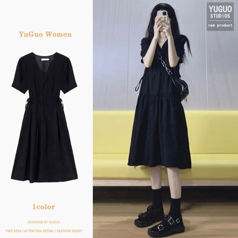 Korean Style College Style Small Black Dress V-Neck Long Dress Tight Waist Slimming 2024 Summer New Design Sense Niche dress