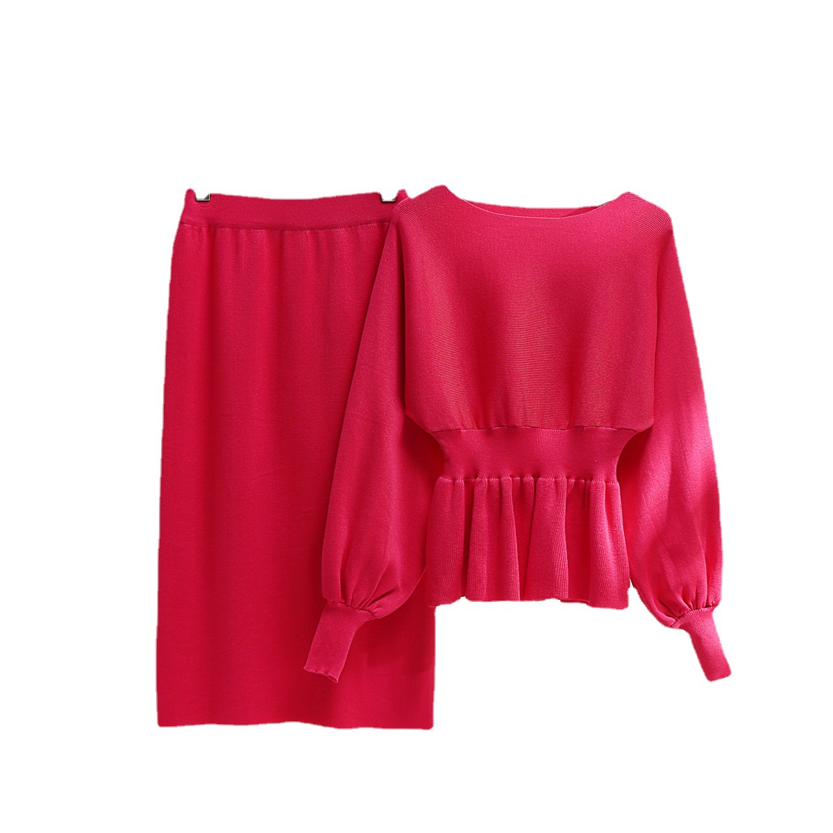 Damenbekleidung Modeanzug für Frauen Frühling und Herbst Retro-Hüfte gewickelte Taille Abnehmen Strickkleid Zweiteiler Außenhandel_voghion.com