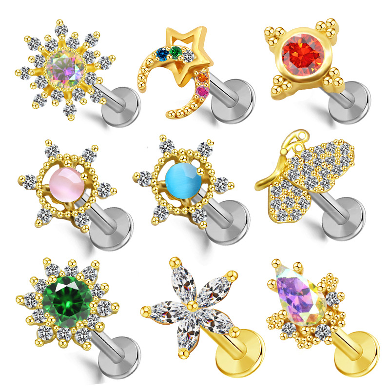 Gauge stainless steel multi-style diamond-embellished colorful love butterfly flower ear cuff and stud earrings, European and American popular piercing earrings