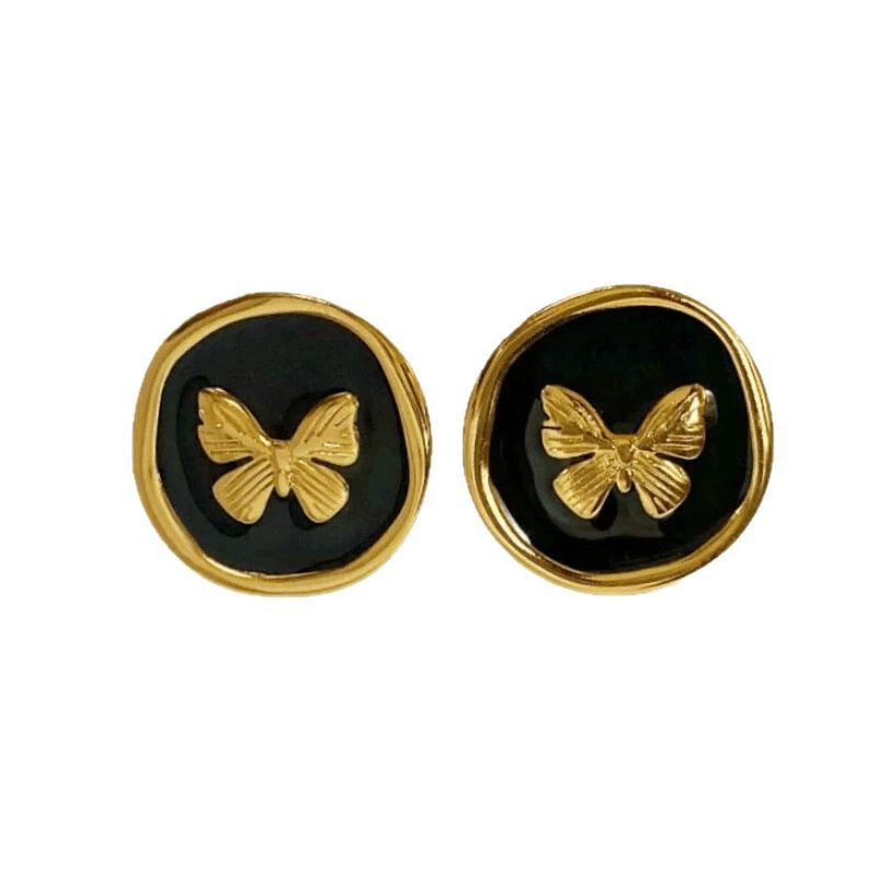 New Retro French Enamel Round Drop Oil Butterfly Earrings Simple Exquisite Fashion Niche High-End Earrings for Women detail image 7