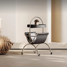 轻奢马鞍皮可移动边几客厅设计师高颜值不锈钢沙发旁小推车茶几