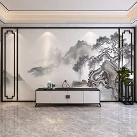 新中式轻奢意境山水迎客松别墅客厅壁画酒店墙纸无缝壁纸墙布