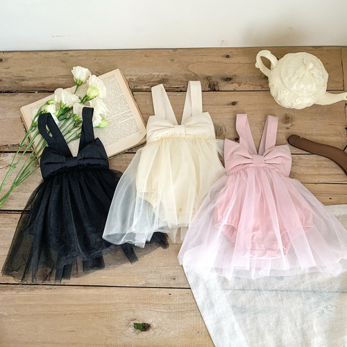 Ins New Children's Summer Dress for Girls with Big Butterfly Bow Tank Top Bodysuit Net Gauze Princess Skirt Baby First Birthday Outfit