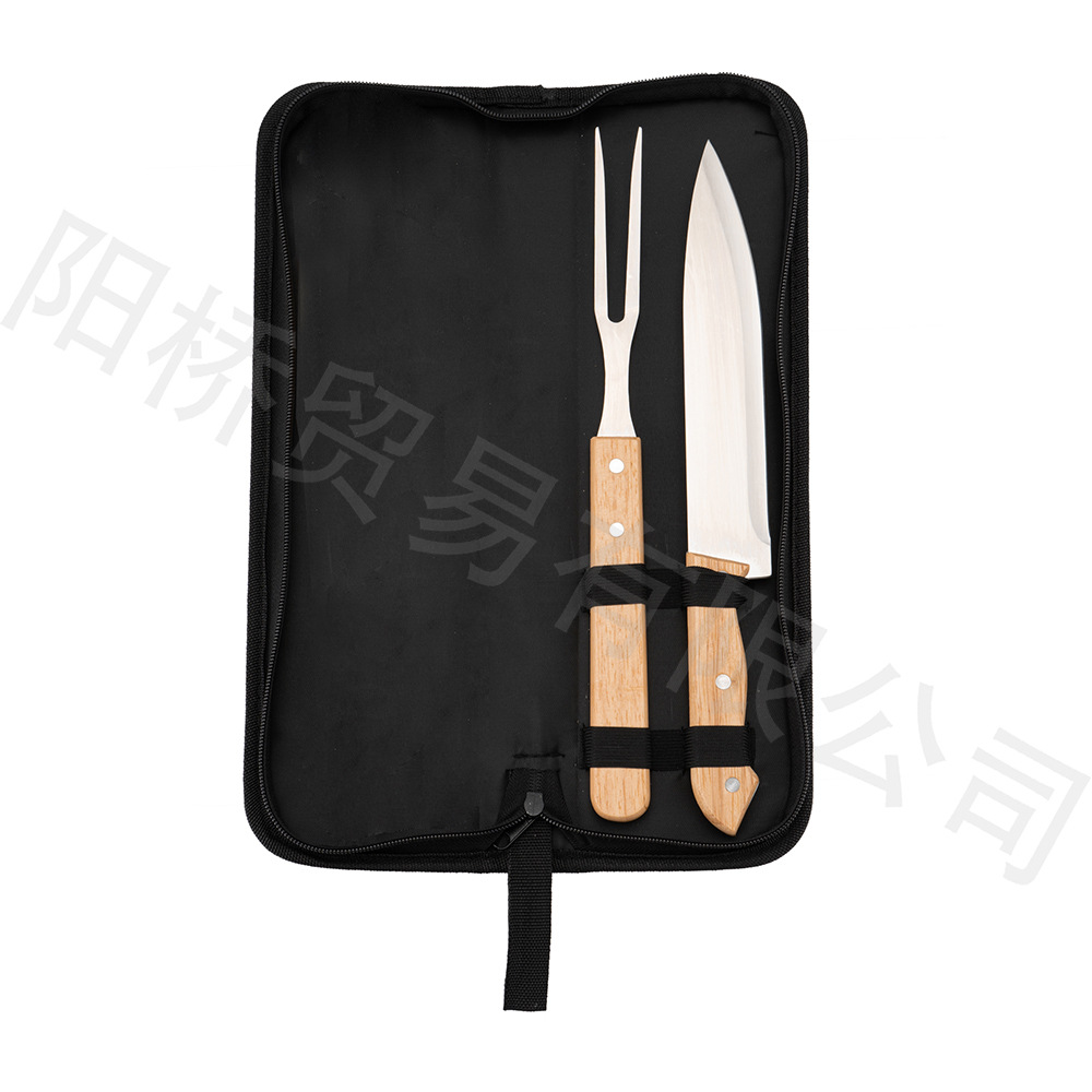 Fábrica amazon barbacoa herramientas bolsa de tela mango madera para hornear set traje picnic al aire libre cuchillo acero inoxidable tenedor pala clip