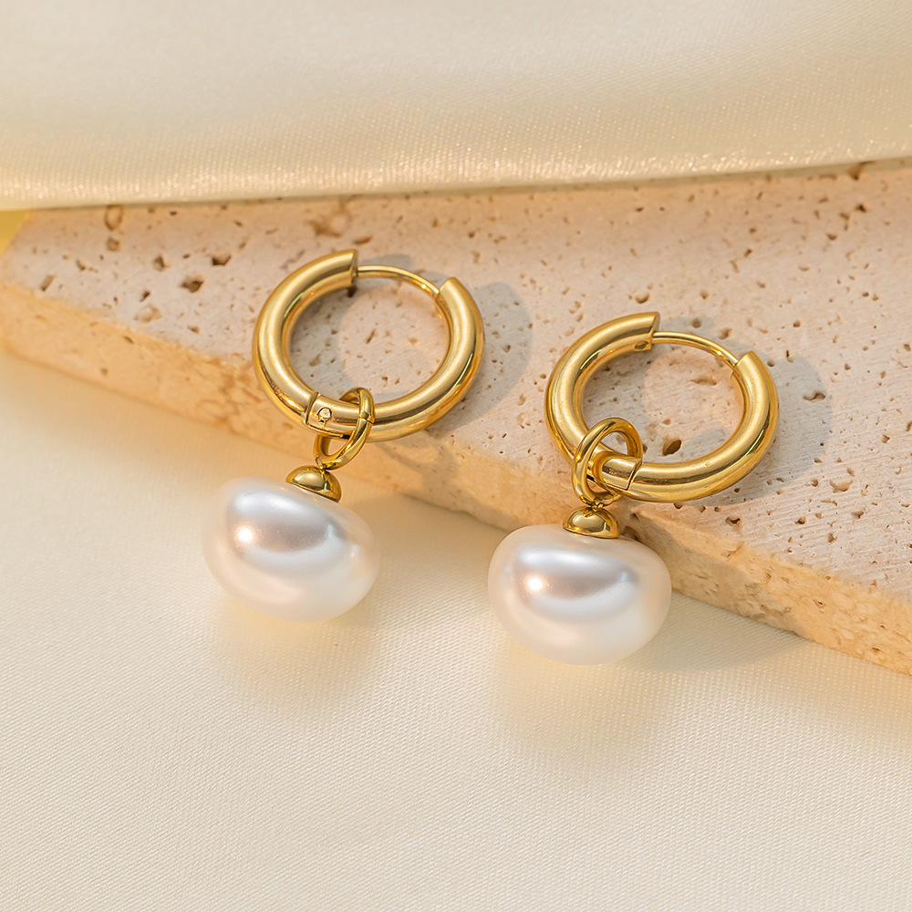 Wenjian elegante simple moda de acero de titanio de La Perla de acero inoxidable exquisito de alto grado de luz de lujo pendientes retro francés