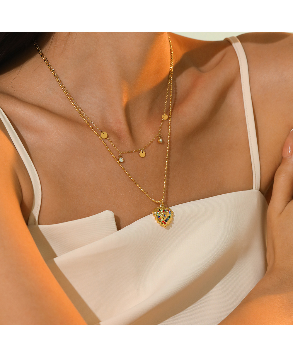 Fashion Heart Shape Stainless Steel Gold Plated Rhinestones Layered Necklaces