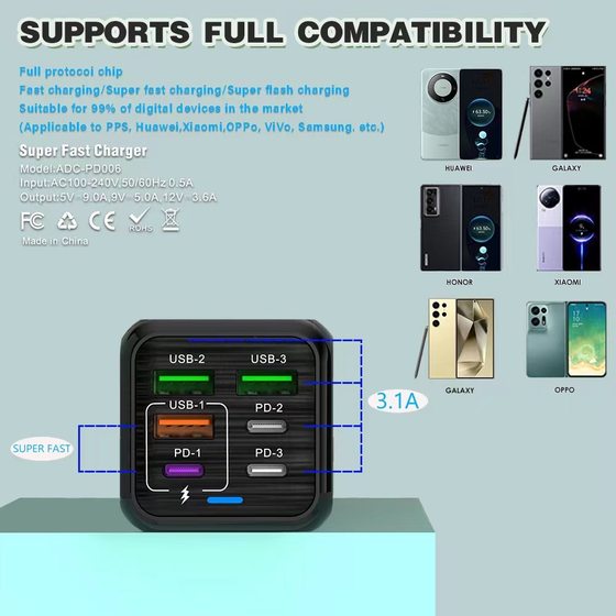 New cross-border 150W multi-port charger 3USB 3PD mobile phone 6 in 1 multi-port charging head 5v3.1A fast charging head