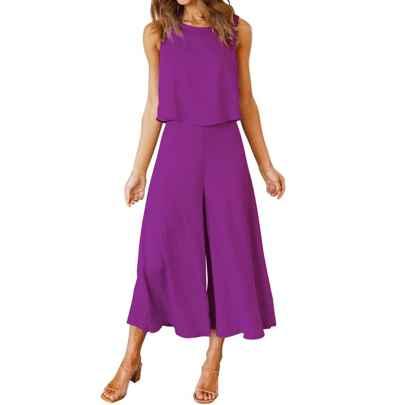 2023 European and American new TEMU women's summer 2-piece clothing round neck top short solid color wide leg pants set