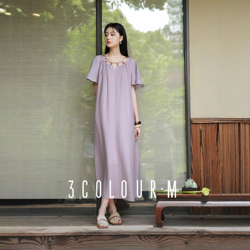 60117 # 2025 New Summer Style Cut Out Beaded Round Neck Dress Loose Casual Long Skirt A-Line Skirt Women's Skirt