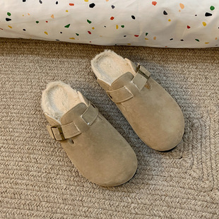 Winter thick-soled fleece-lined half-drag Birkenstocks shoes Mao Mao Mao shoes women's shoes foreign trade plus size warm slippers cotton shoes
