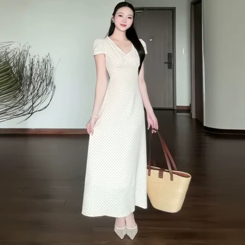 Cross-Border European and American 2026 Women's New Spring and Autumn Polka Dot V-Neck Long Waist-Cinching Dress Slimming Short-Sleeve A-Line Long Dress