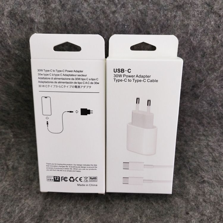 跨境 PD30W欧规双C充电包装盒 苹果二合一套装中性套装盒子带吸塑