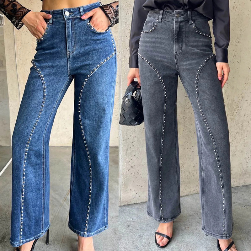26 Years of European and American Cross-Border Fashion, Beaded Trendy Personality Street Style American Casual Versatile Denim Straight-Leg Pants 89279 26 Years of European and American Cross-Border Fashion, Beaded Trendy Personality Street Style American Casual Versatile Denim Straight-Leg Pants 89279