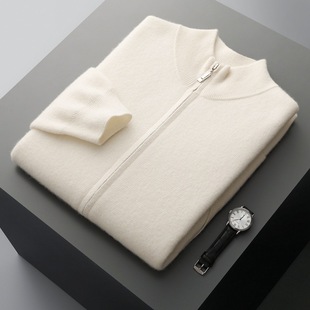Pure Wool Zipper Cardigan Men's Air Layer Thickeneded Half Turtleneck Sweater Jacket Casual Business Cashmere Knitted Top