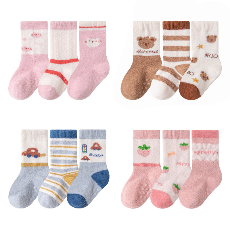 23 calcetines gruesos del sueño del bebé del paño grueso y grueso del paño grueso de los niños antideslizantes calcetines del piso del Hilado de lana tres pares