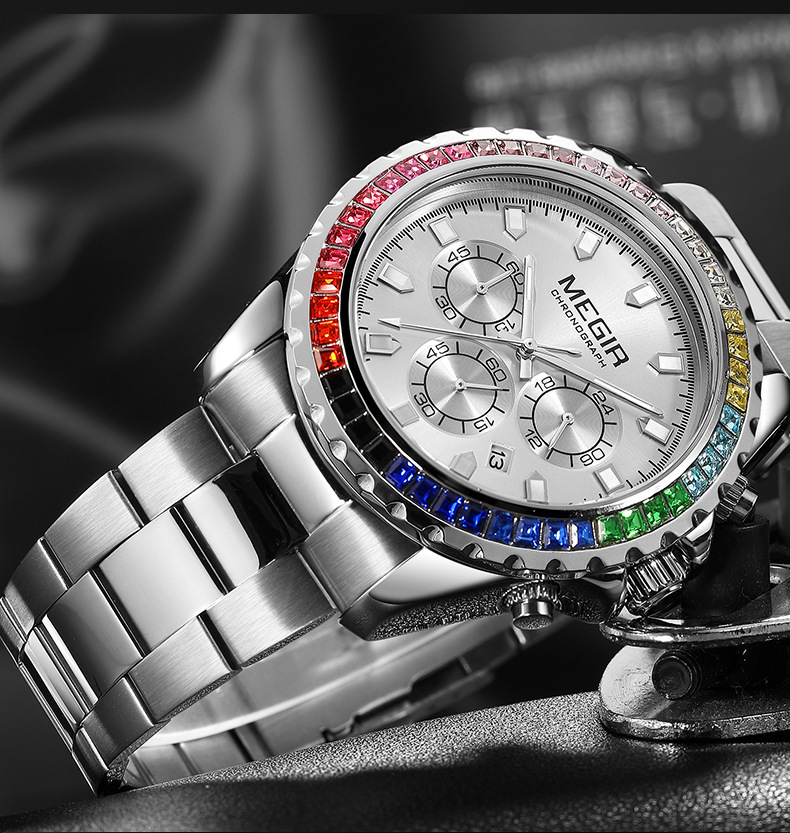 Orologio al quarzo da uomo con strass e lunetta arcobaleno_voghion.com