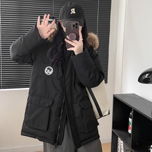 2025新款可拆卸帽蓝色工装派克羽绒服女冬季中长款毛领白鸭绒外套