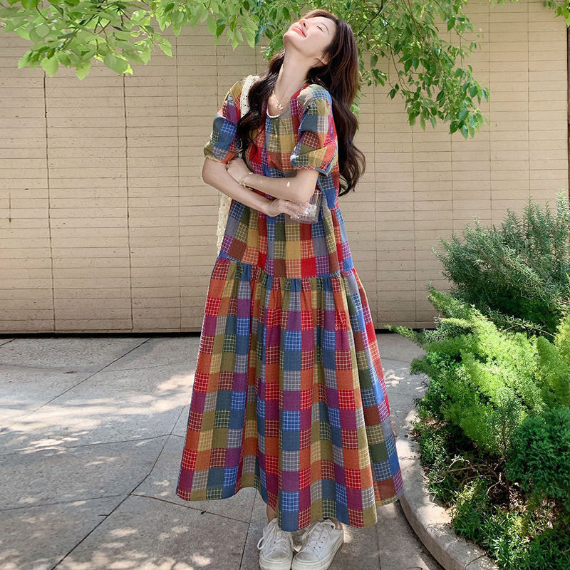 Colorful Plaid Puff Sleeves, Sweet Age-Reducing Dress, New Summer Korean Style Splicing Ruffled Long Skirt