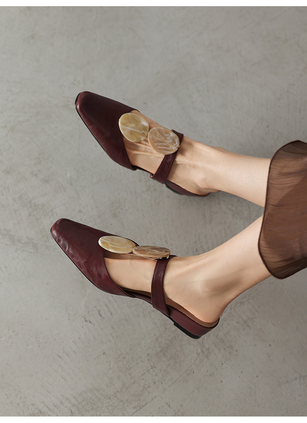 Sandal nữ da dê mũi kín gót thấp phong cách vỏ sò — đen chi tiết 19