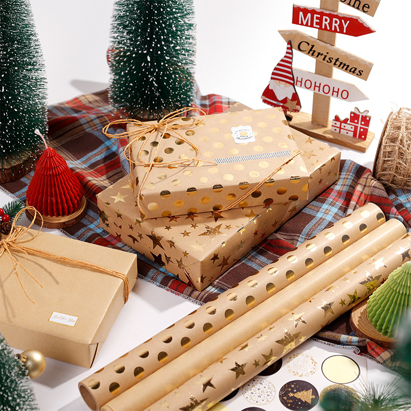 Amazon venta caliente papel de regalo de gran tamaño papel de embalaje de regalo de Navidad papel de embalaje de piel de vaca estampado papel de punto de estrella