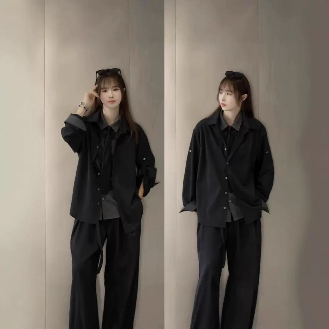 秋季新款假两件西装衬衫高级感穿搭小众外套时尚百搭黑色西裤套装