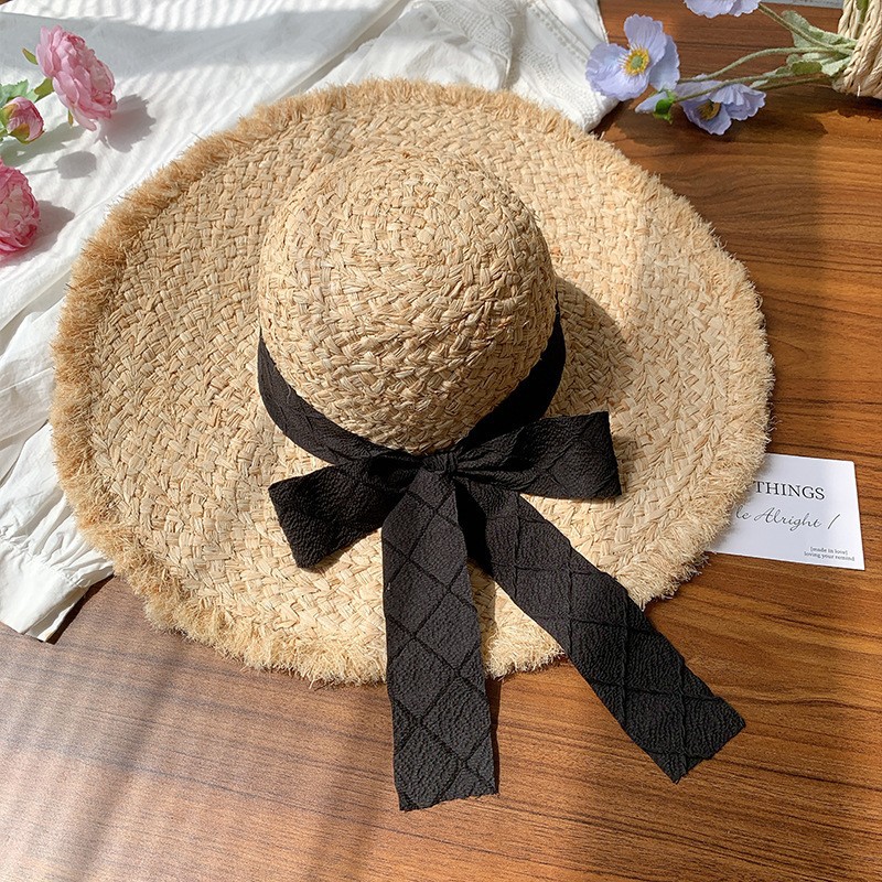 French Style Bow Raffia Straw Hat For Women - Summer Wide Brim Sun Protection Hat For Beach Vacation - Thumbnail 6