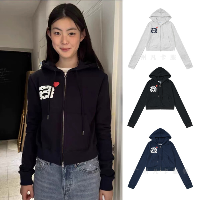 Korean Trendy Brand Aeae Sweatshirt Hooded Short Slim Double Zipper Letter Heart Print Casual Top Jacket for Women