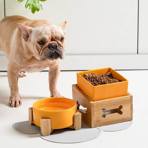 Pet Bowl Set for Dogs and Cats - Dual Bowls for Food and Water, Anti-Toppling High-Stand Ceramic Pet Feeding Tray with Dog Bowl for Eating and Drinking, Protects Neck Cervical Area